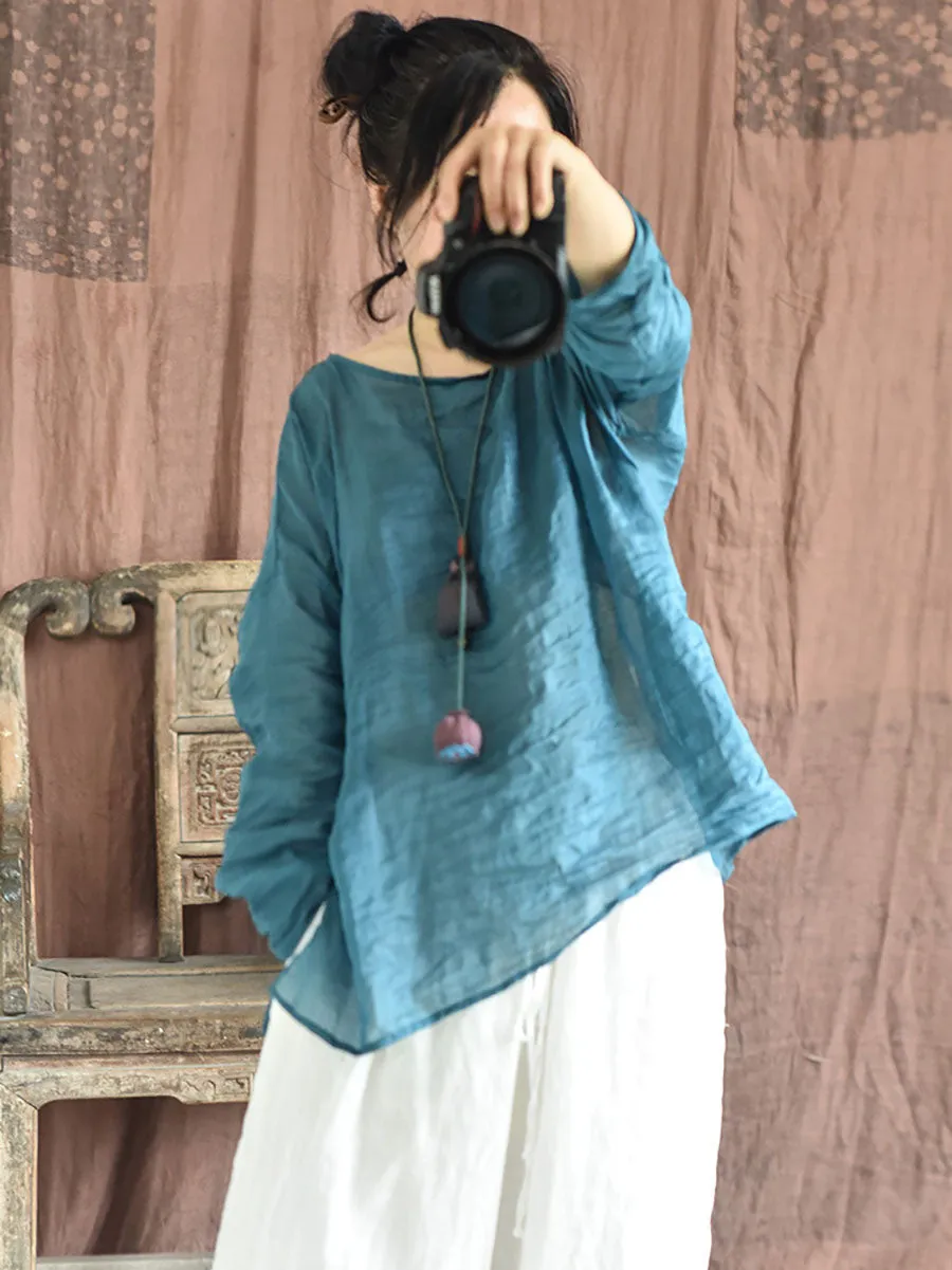Women Summer Solid Vintage O-Neck Split Hem Ramie Shirt