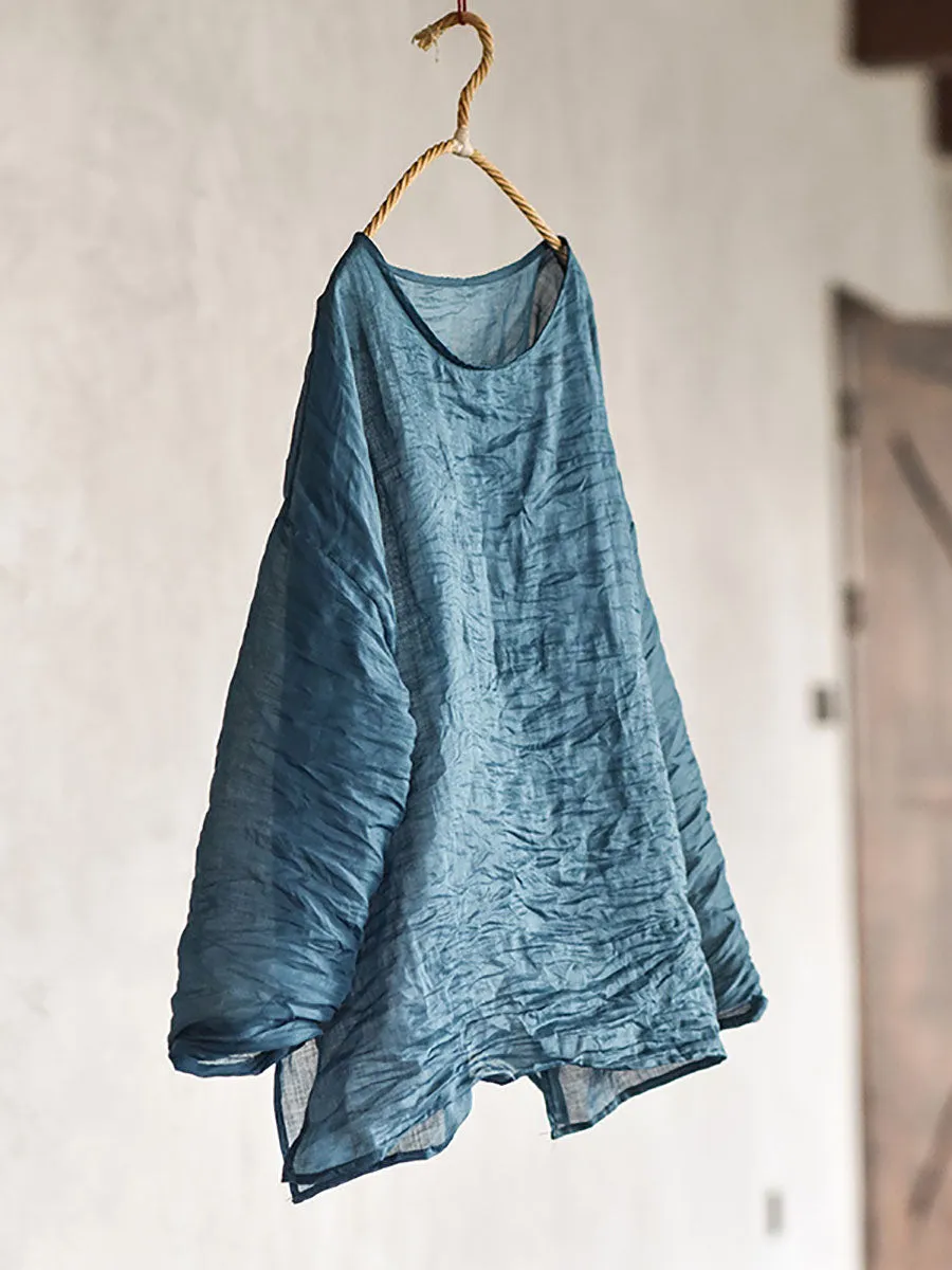 Women Summer Solid Vintage O-Neck Split Hem Ramie Shirt