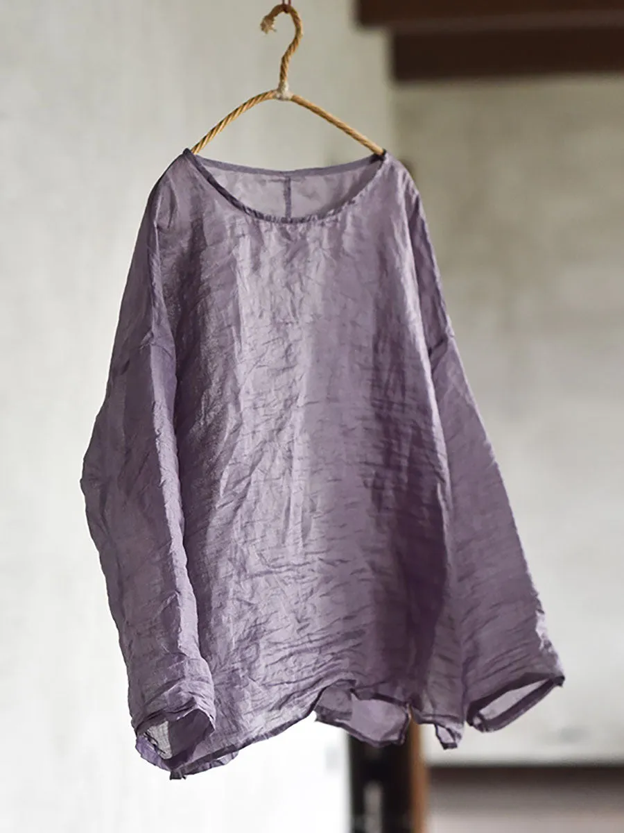 Women Summer Solid Vintage O-Neck Split Hem Ramie Shirt