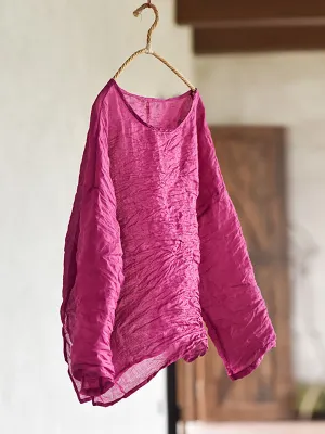 Women Summer Solid Vintage O-Neck Split Hem Ramie Shirt