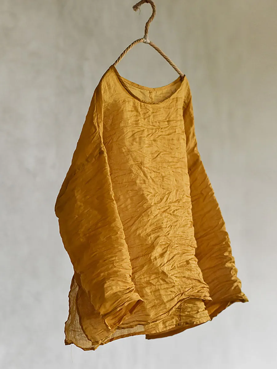 Women Summer Solid Vintage O-Neck Split Hem Ramie Shirt