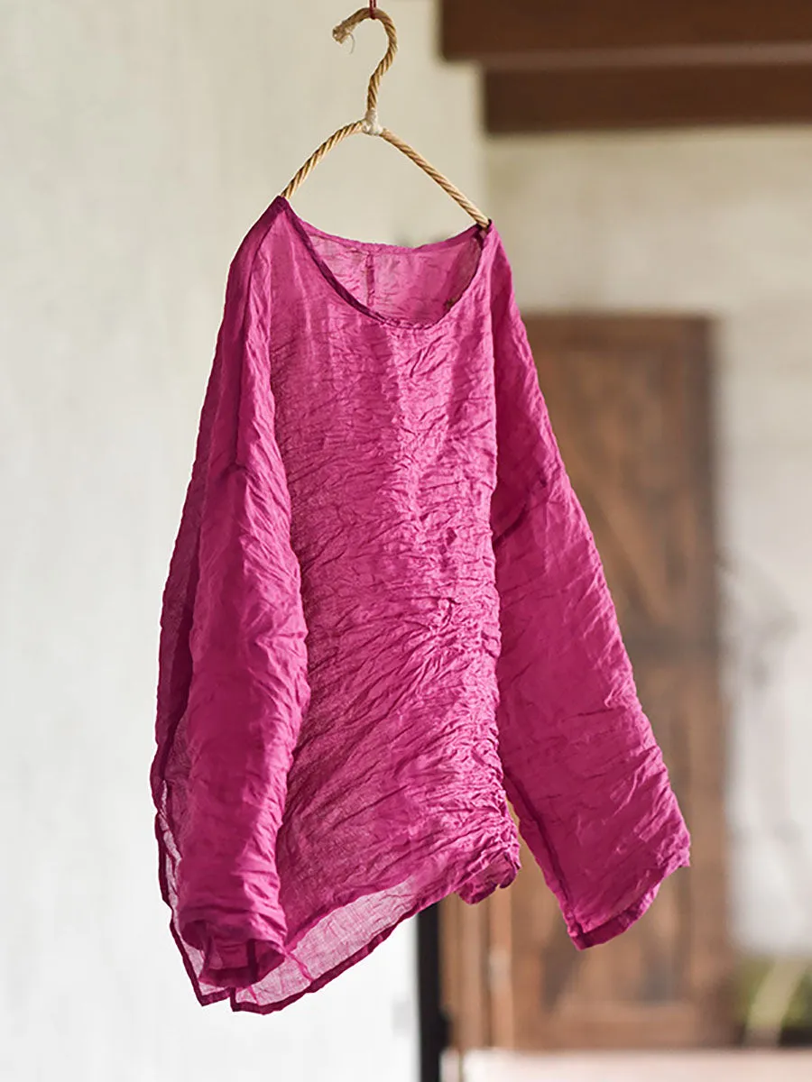 Women Summer Solid Vintage O-Neck Split Hem Ramie Shirt