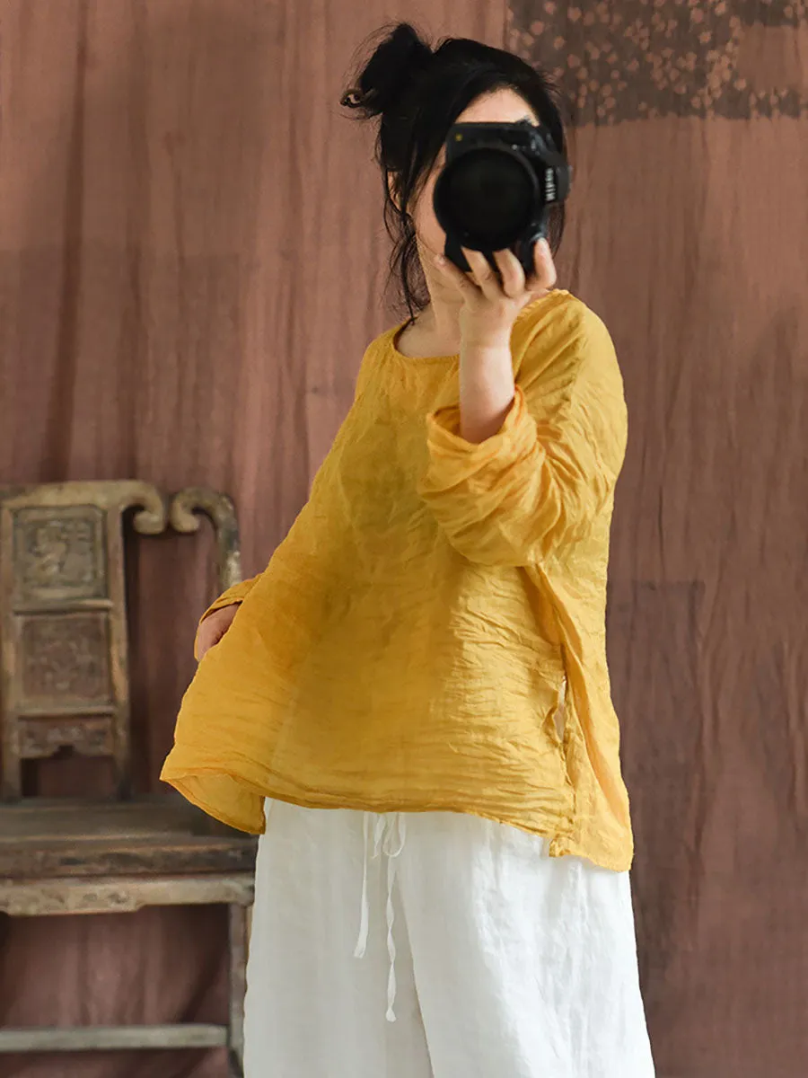 Women Summer Solid Vintage O-Neck Split Hem Ramie Shirt