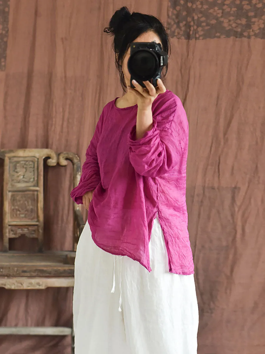 Women Summer Solid Vintage O-Neck Split Hem Ramie Shirt