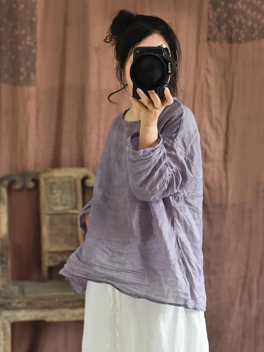 Women Summer Solid Vintage O-Neck Split Hem Ramie Shirt