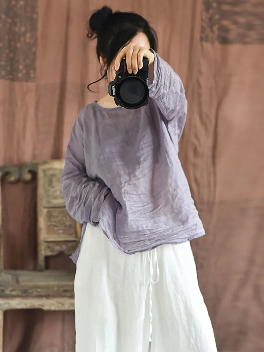 Women Summer Solid Vintage O-Neck Split Hem Ramie Shirt