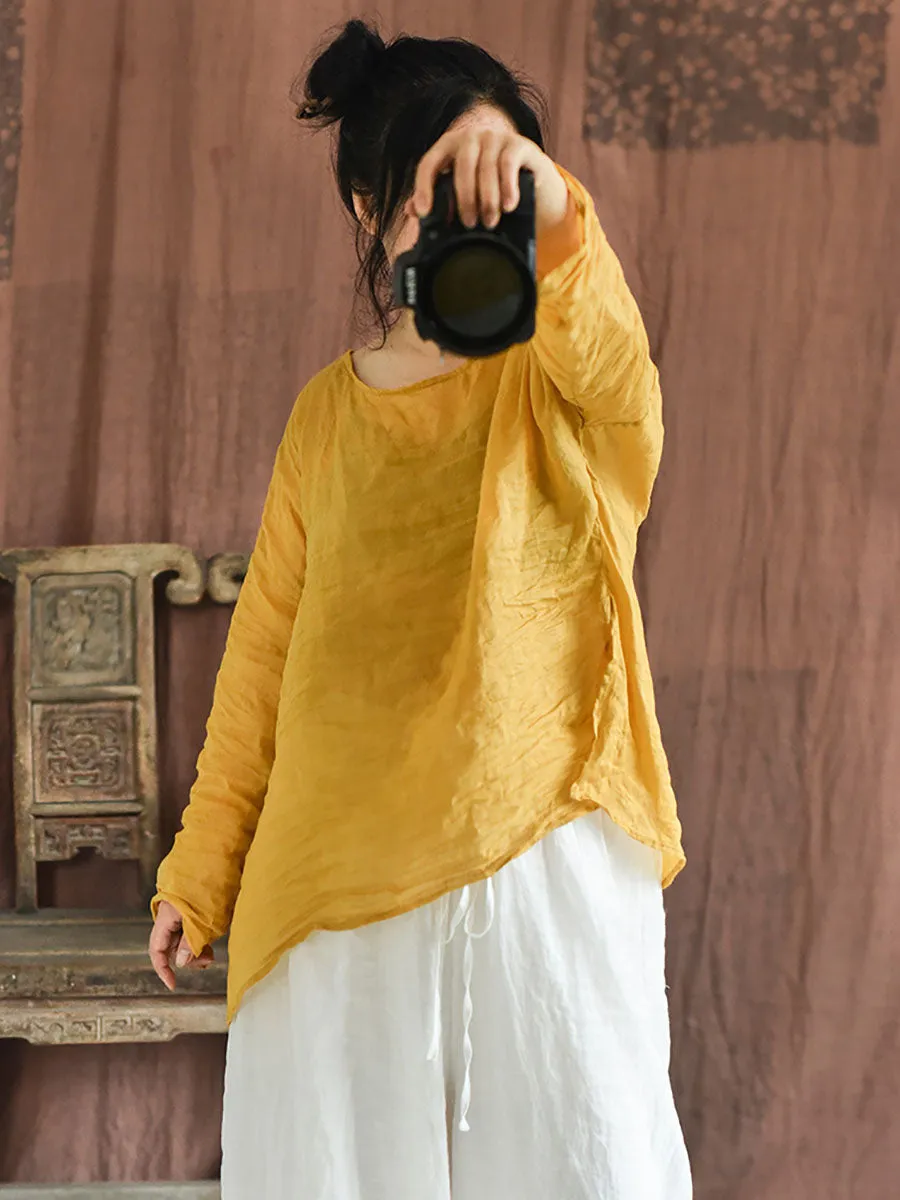 Women Summer Solid Vintage O-Neck Split Hem Ramie Shirt