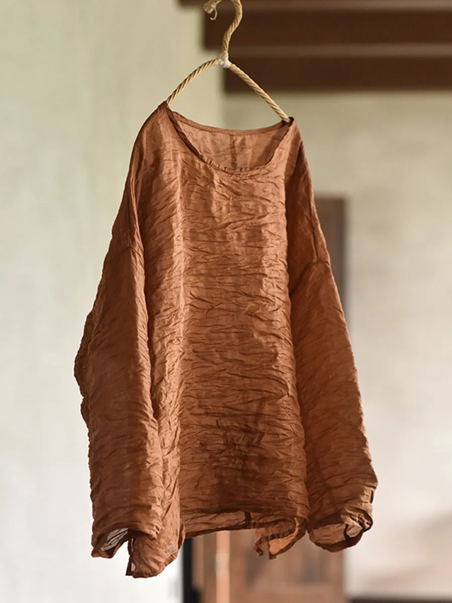 Women Summer Solid Vintage O-Neck Split Hem Ramie Shirt