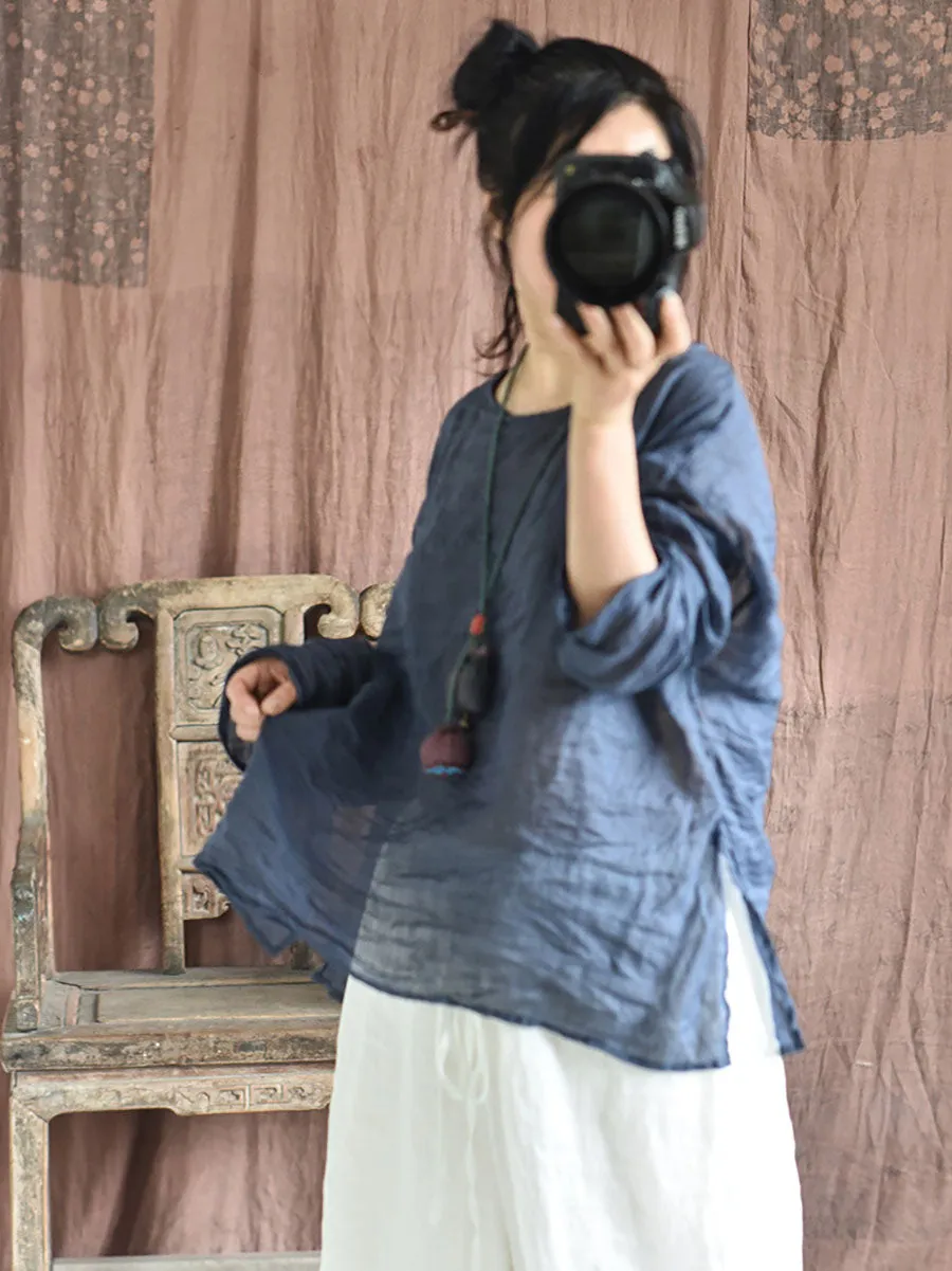 Women Summer Solid Vintage O-Neck Split Hem Ramie Shirt