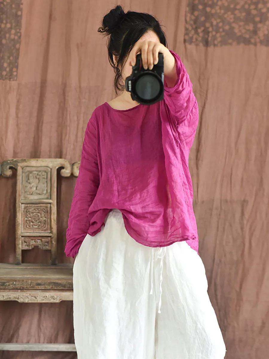 Women Summer Solid Vintage O-Neck Split Hem Ramie Shirt