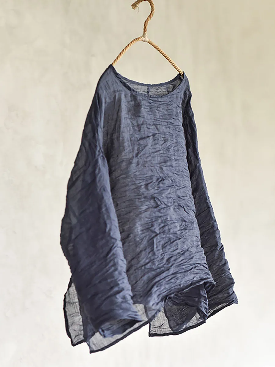 Women Summer Solid Vintage O-Neck Split Hem Ramie Shirt