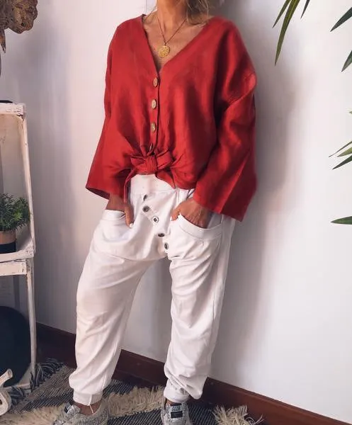 Women Thin Light V Neck Single-Breasted Leisure Loose Shirt Blouse