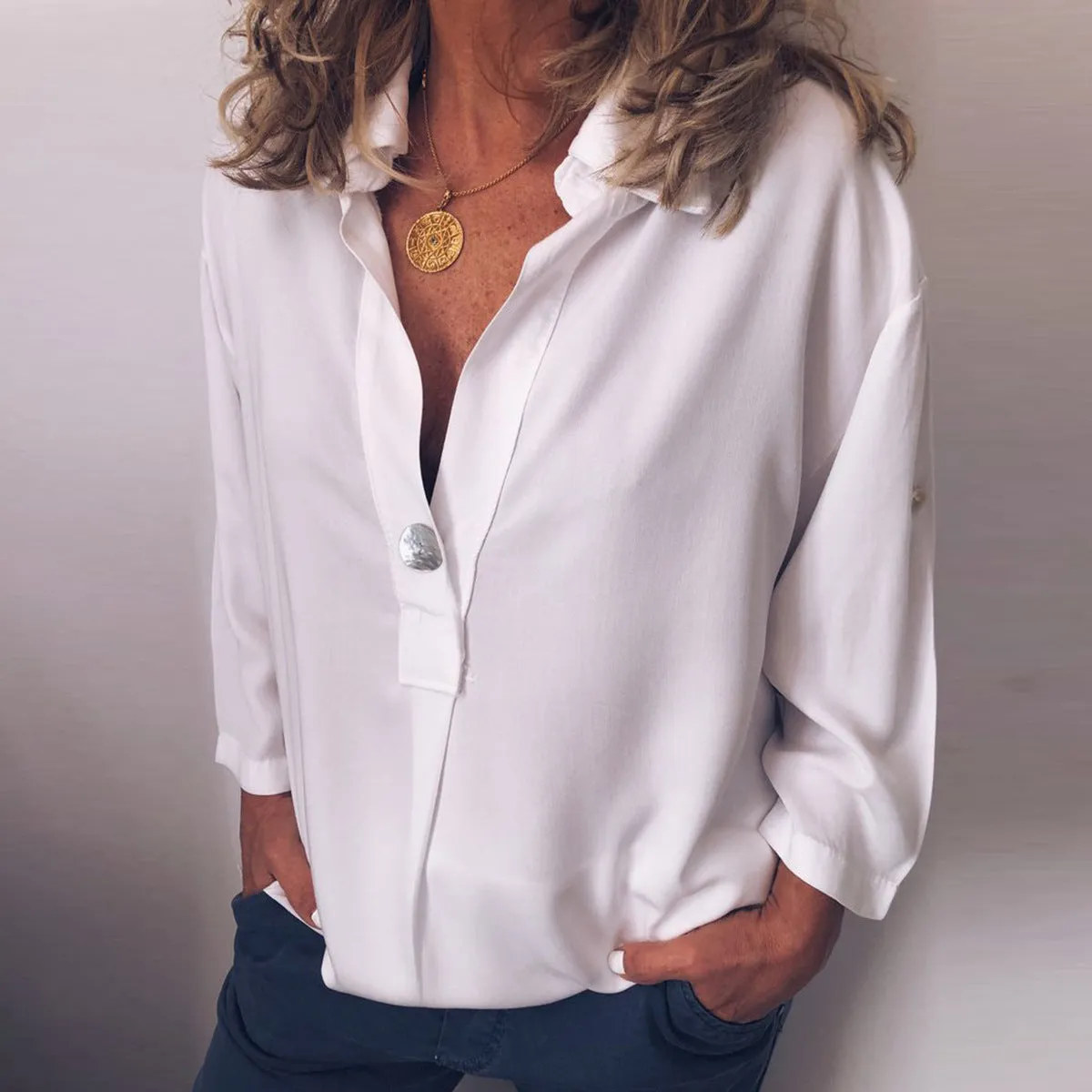 Women V Neck Button Breathable Loose Shirt