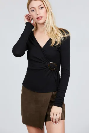Women's Black Ribbed Knit Top Long Sleeves V-neck