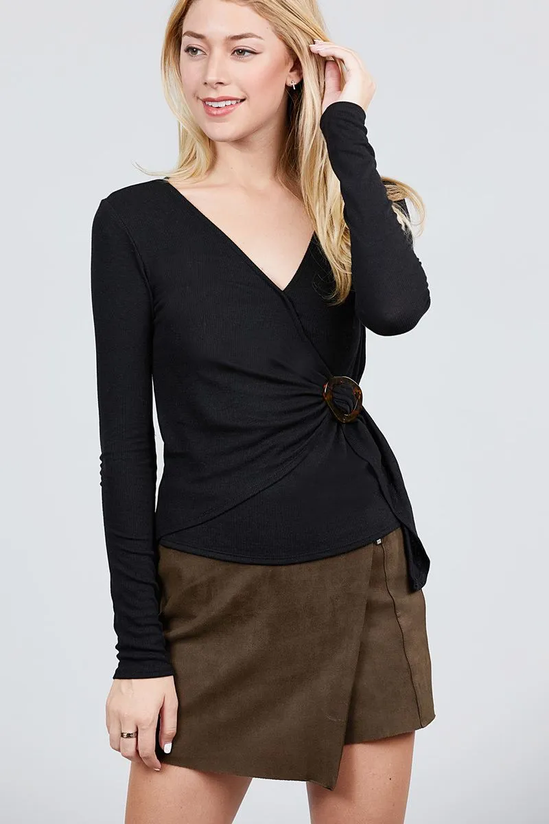 Women's Black Ribbed Knit Top Long Sleeves V-neck