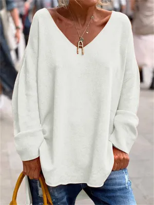 Women's Casual Deep V Neck Cozy Pullover Oversized Shirt