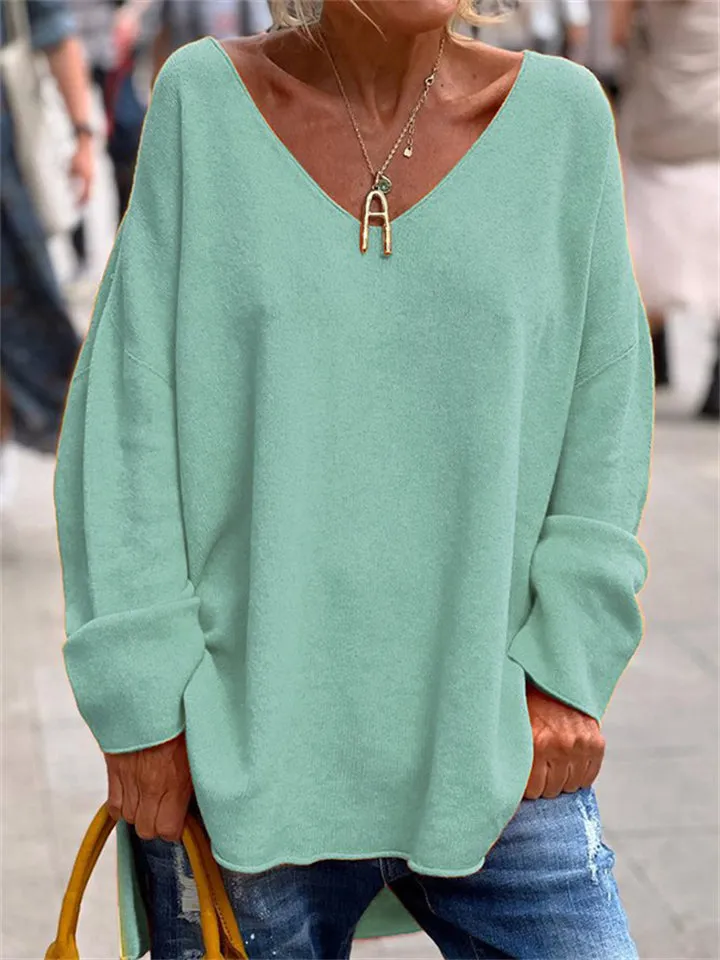 Women's Casual Deep V Neck Cozy Pullover Oversized Shirt