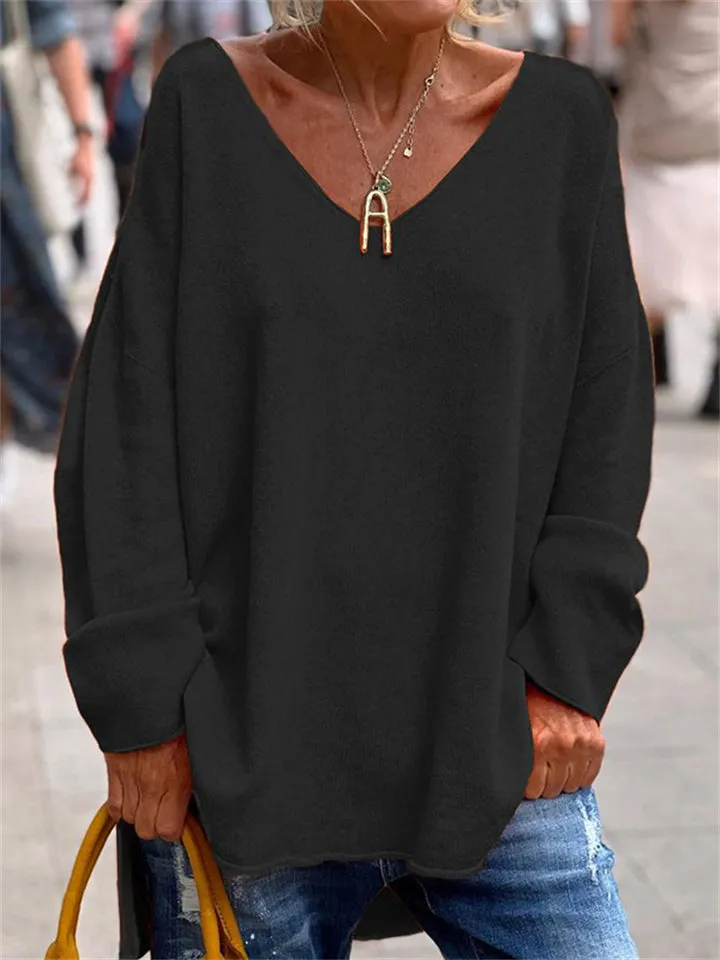 Women's Casual Deep V Neck Cozy Pullover Oversized Shirt