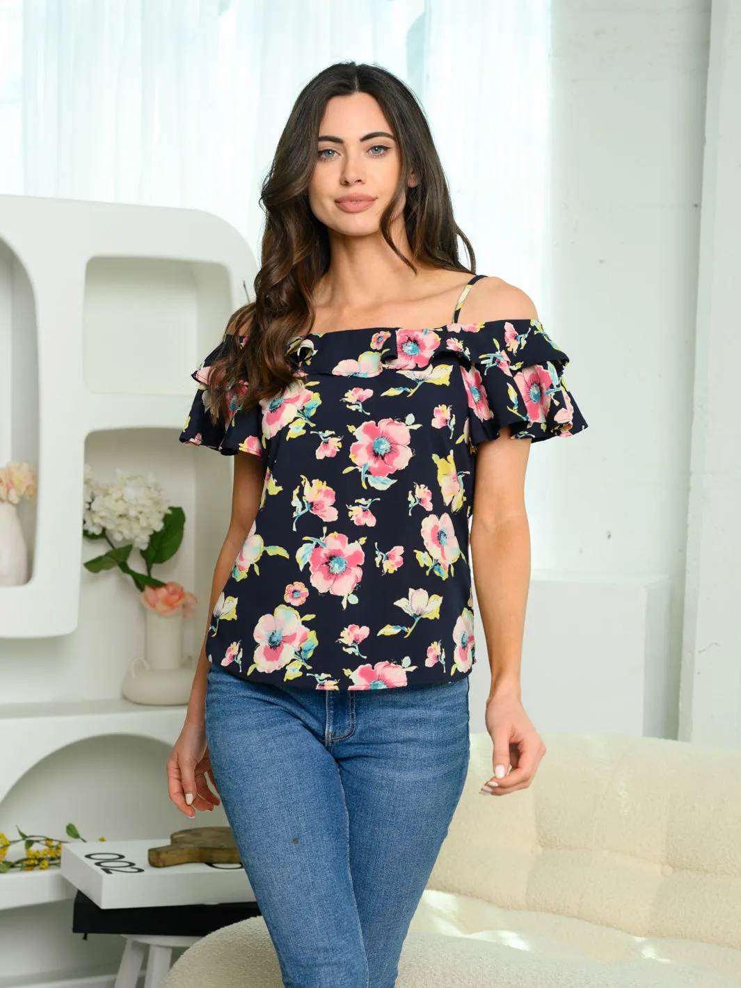 WOMEN'S COLD SHOULDER RUFFLE FLORAL TOP