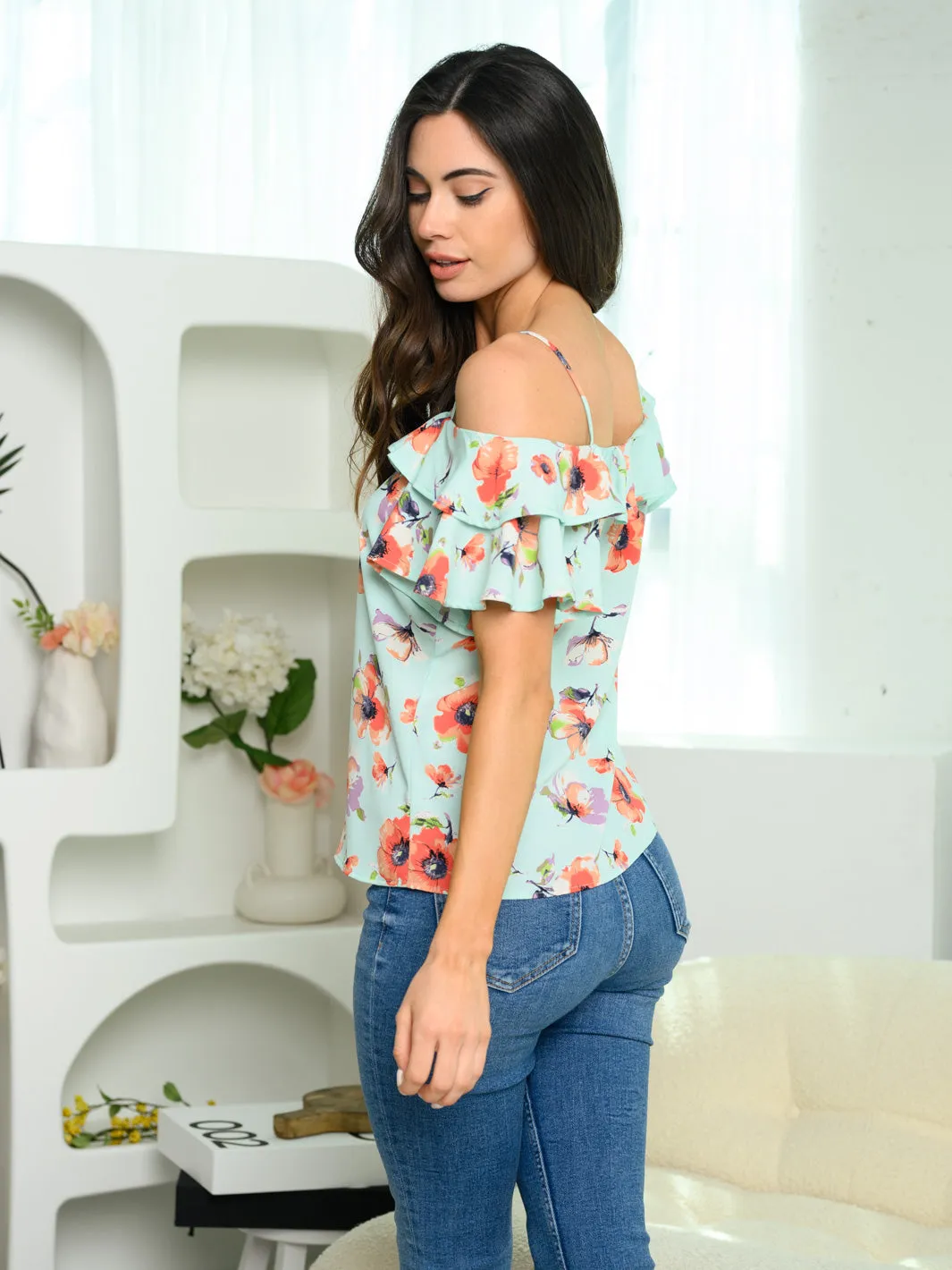 WOMEN'S COLD SHOULDER RUFFLE FLORAL TOP