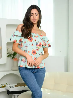 WOMEN'S COLD SHOULDER RUFFLE FLORAL TOP