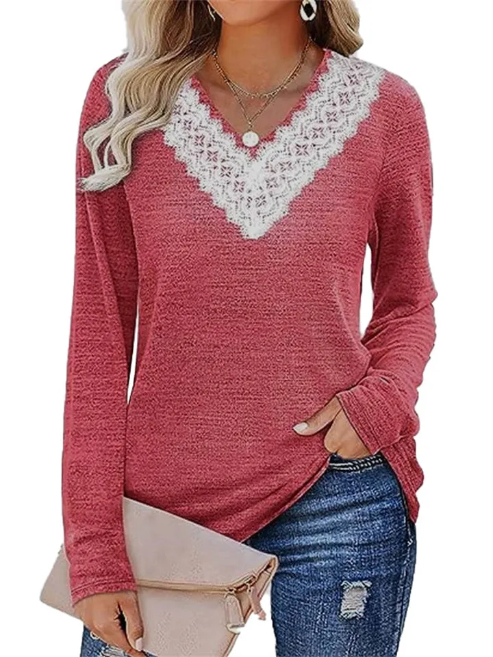 Women's Elegant White Lace V Neck  Solid Color Long Sleeve Shirt