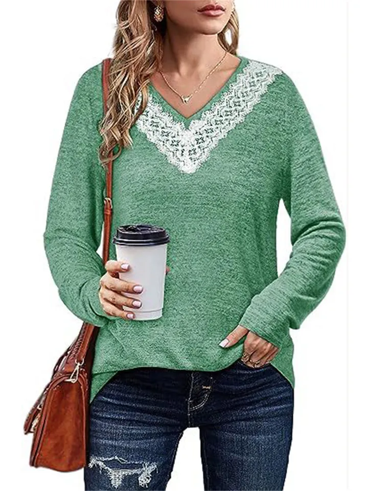 Women's Elegant White Lace V Neck  Solid Color Long Sleeve Shirt