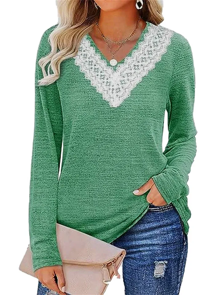 Women's Elegant White Lace V Neck  Solid Color Long Sleeve Shirt