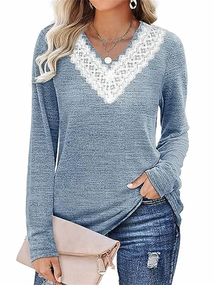 Women's Elegant White Lace V Neck  Solid Color Long Sleeve Shirt