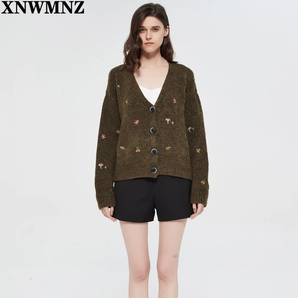 Women's Embroidered Vintage Knit Cardigan V-Neck Fall Winter Cardigan
