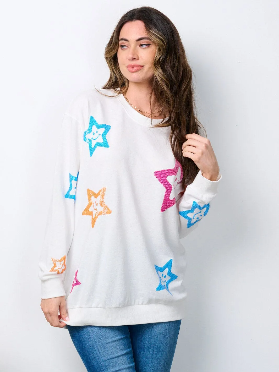 WOMEN'S LONG SLEEVE SEQUINS STARS SWEATER