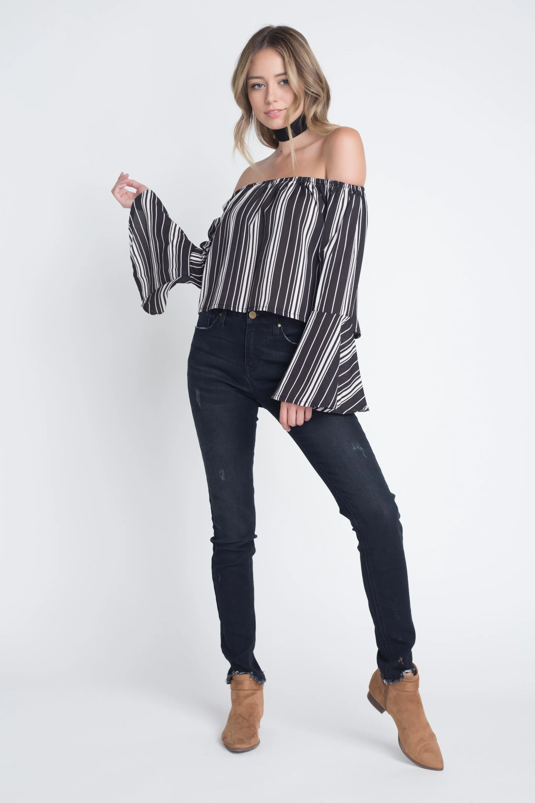 Women's Off Shoulder Casual Stripe Bell Sleeve Top