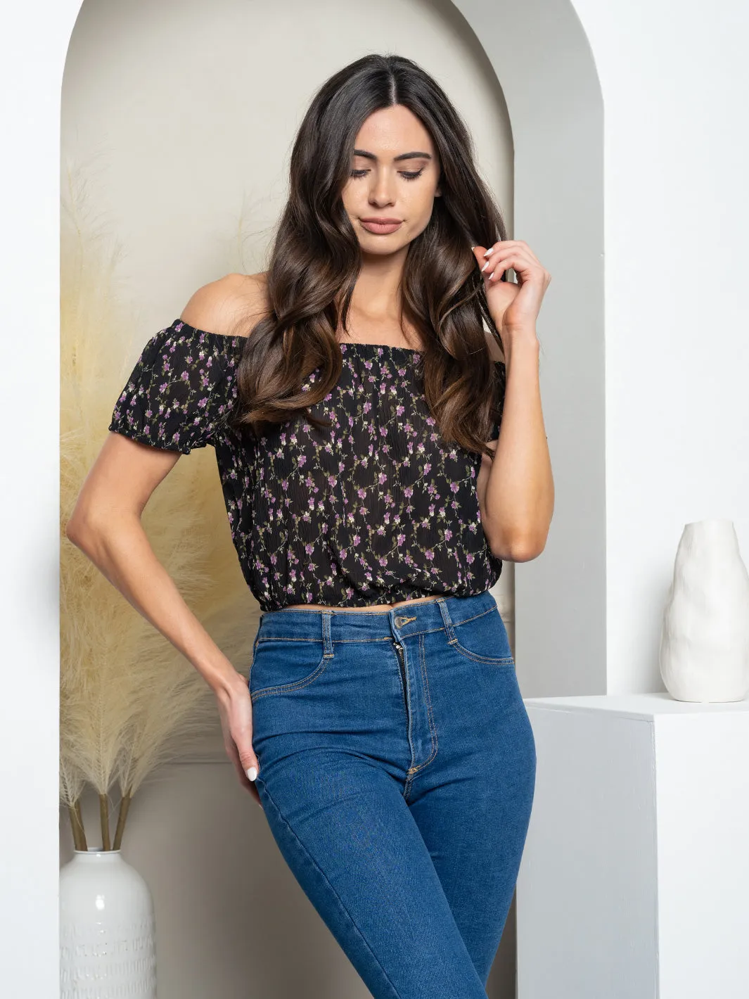 WOMEN'S SHORT SLEEVE FLORAL PRINT OFF SHOULDER TOP