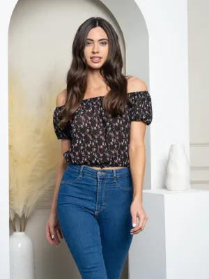 WOMEN'S SHORT SLEEVE FLORAL PRINT OFF SHOULDER TOP