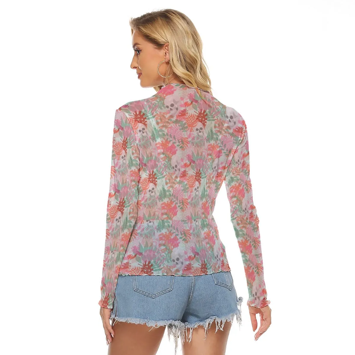 Women's Skulls Pink Floral Mesh Long Sleeve Top