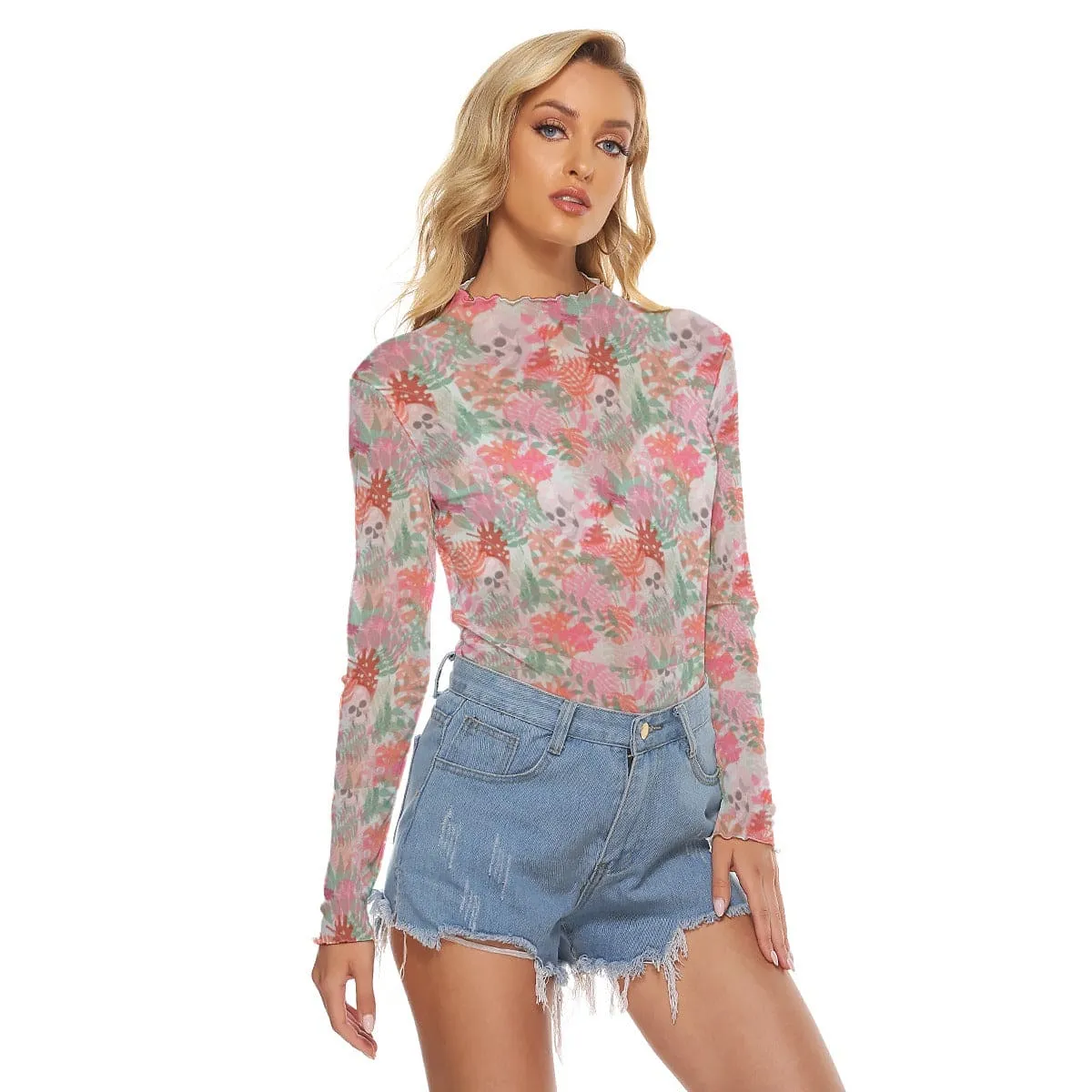Women's Skulls Pink Floral Mesh Long Sleeve Top