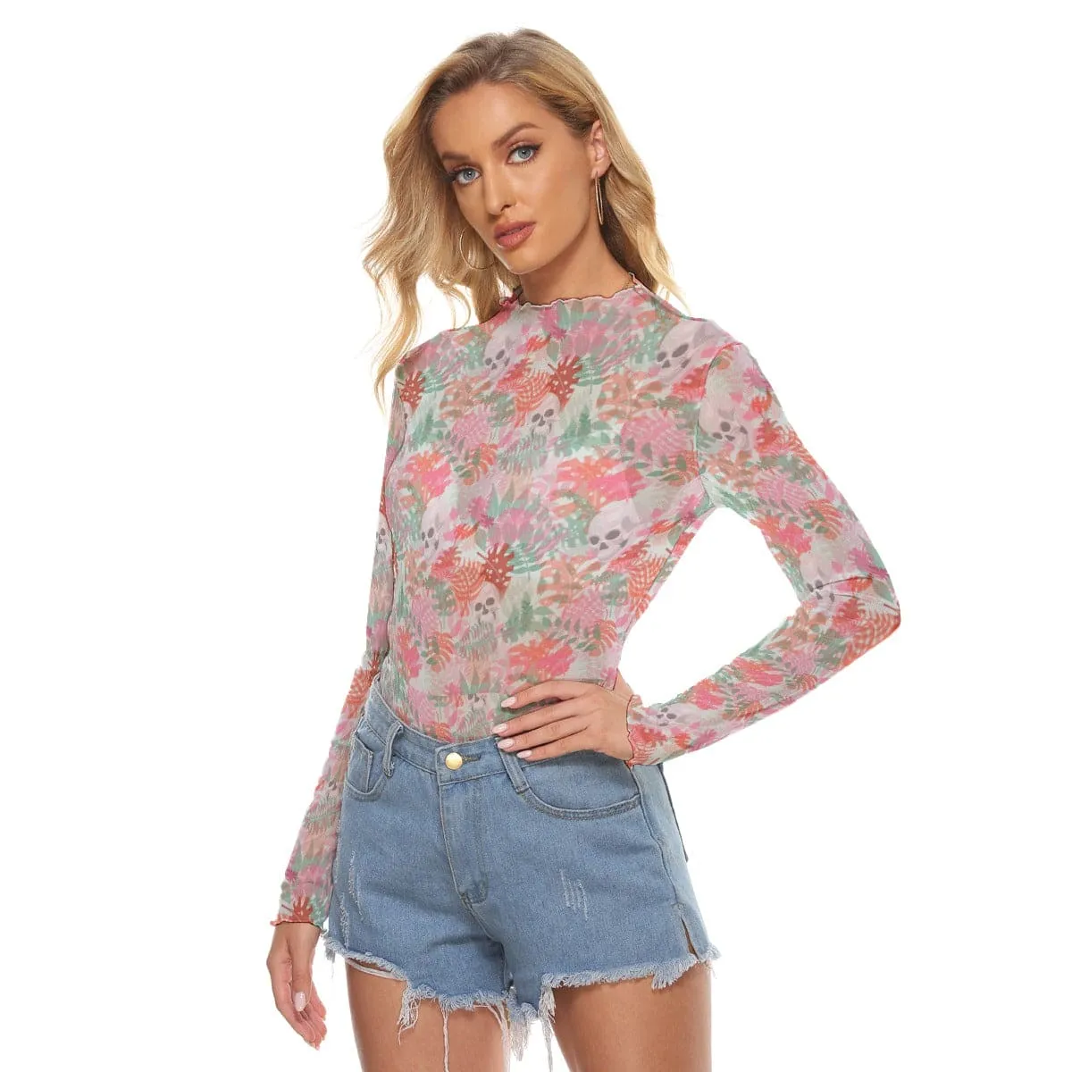 Women's Skulls Pink Floral Mesh Long Sleeve Top