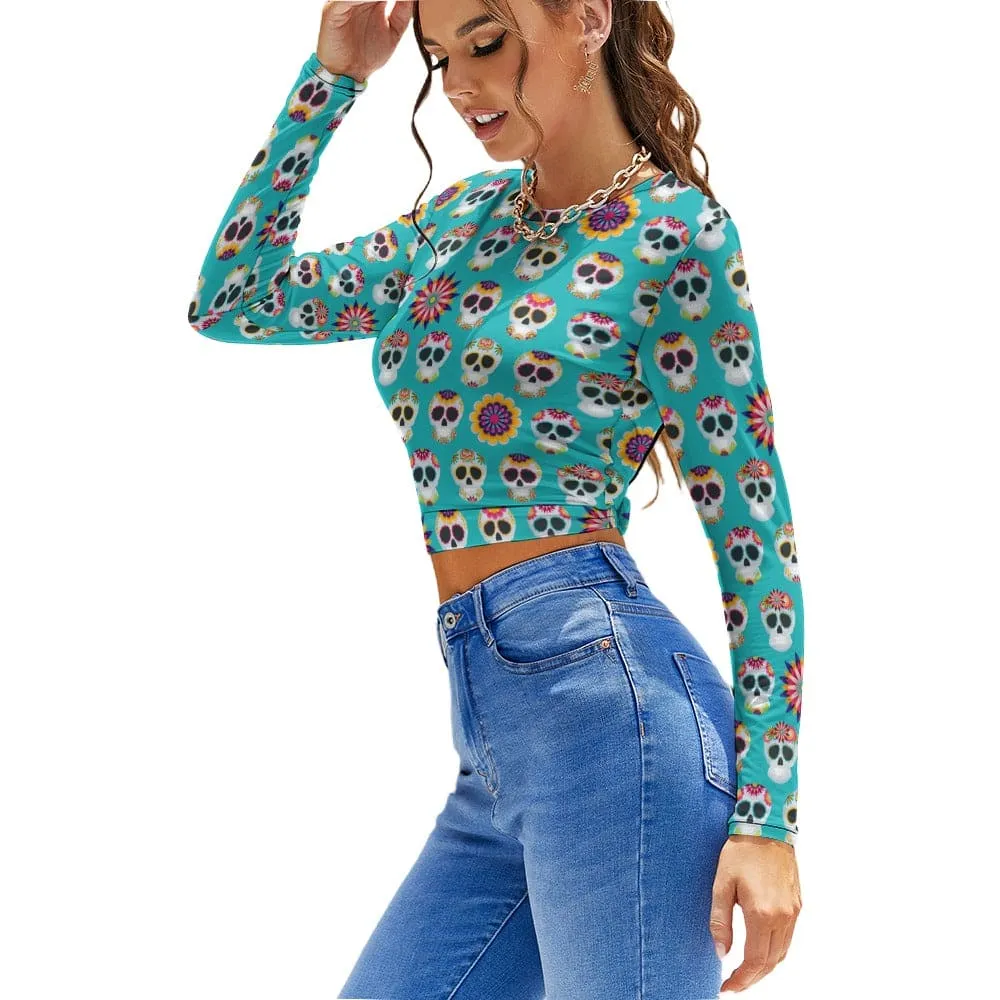 Women's Turquiose Blue Skulls Backless T-shirt