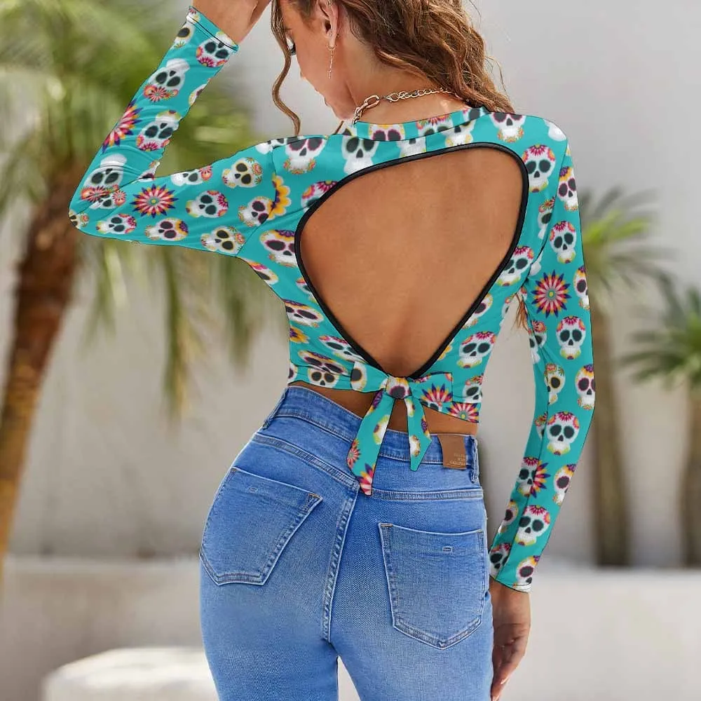 Women's Turquiose Blue Skulls Backless T-shirt