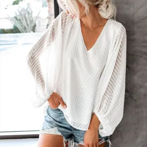 Women's V-neck Blouse Transparent Lantern Sleeve