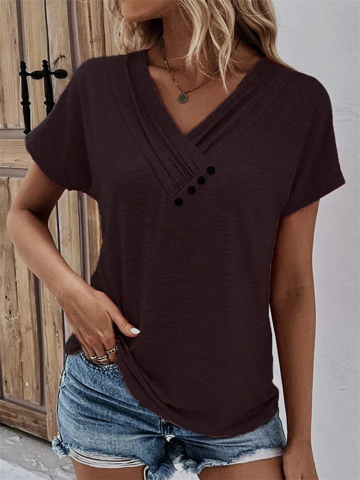Women's V Neck Decorative Buttons Short Sleeve Fit T-shirt