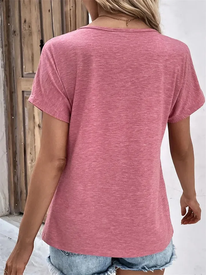 Women's V Neck Decorative Buttons Short Sleeve Fit T-shirt