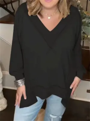 Women's V-neck Solid Color Oversized Asymmetrical T-shirt