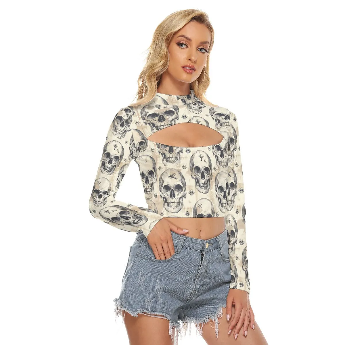 Women's Vintage Skulls Hollow Chest Keyhole Tight Crop Top