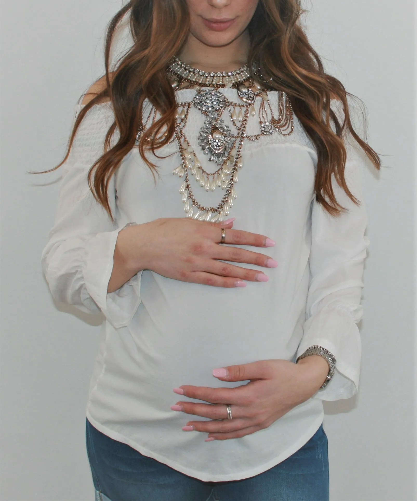 Women's White Off the shoulder long sleeve maternity & post natal top with back bow