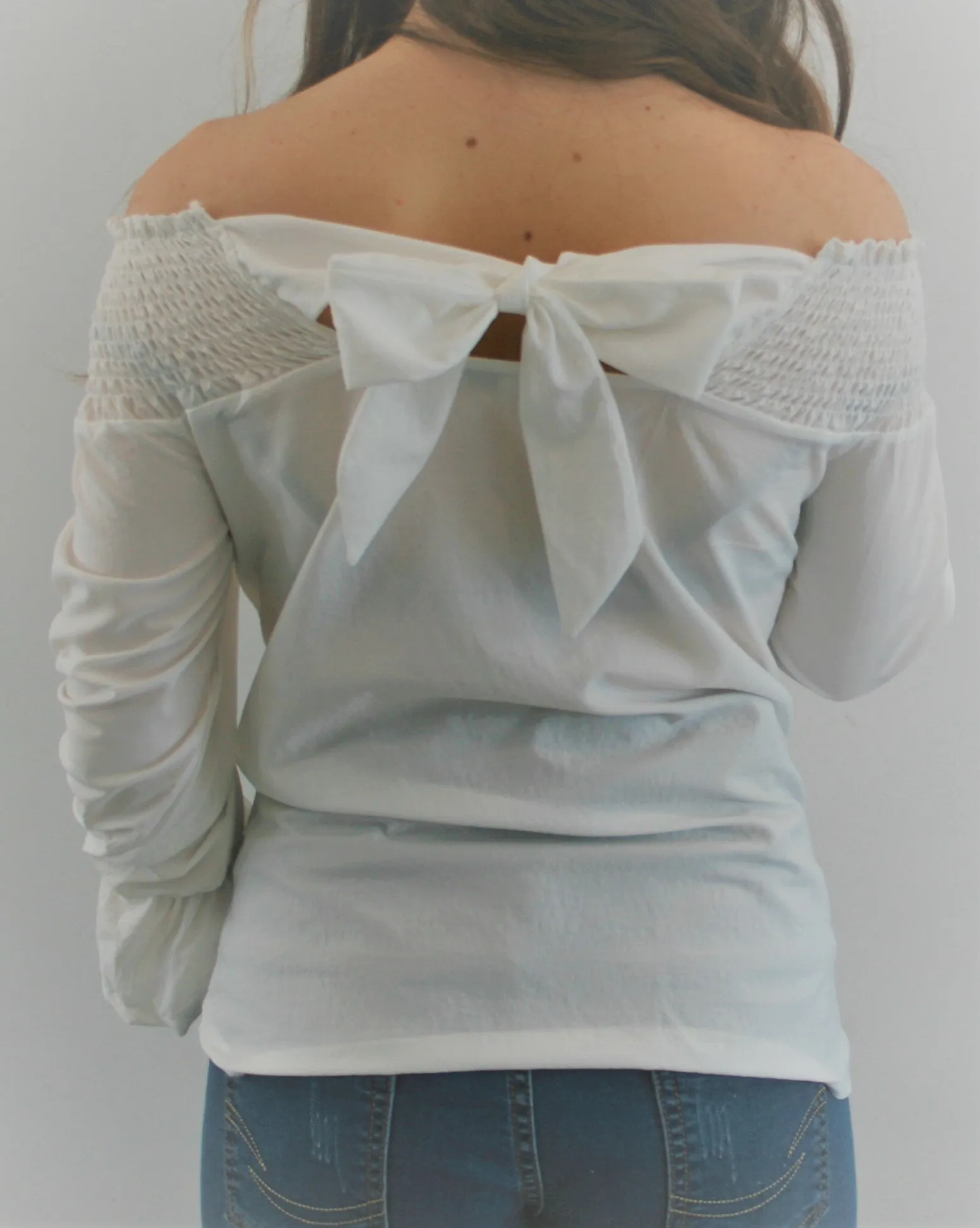 Women's White Off the shoulder long sleeve maternity & post natal top with back bow