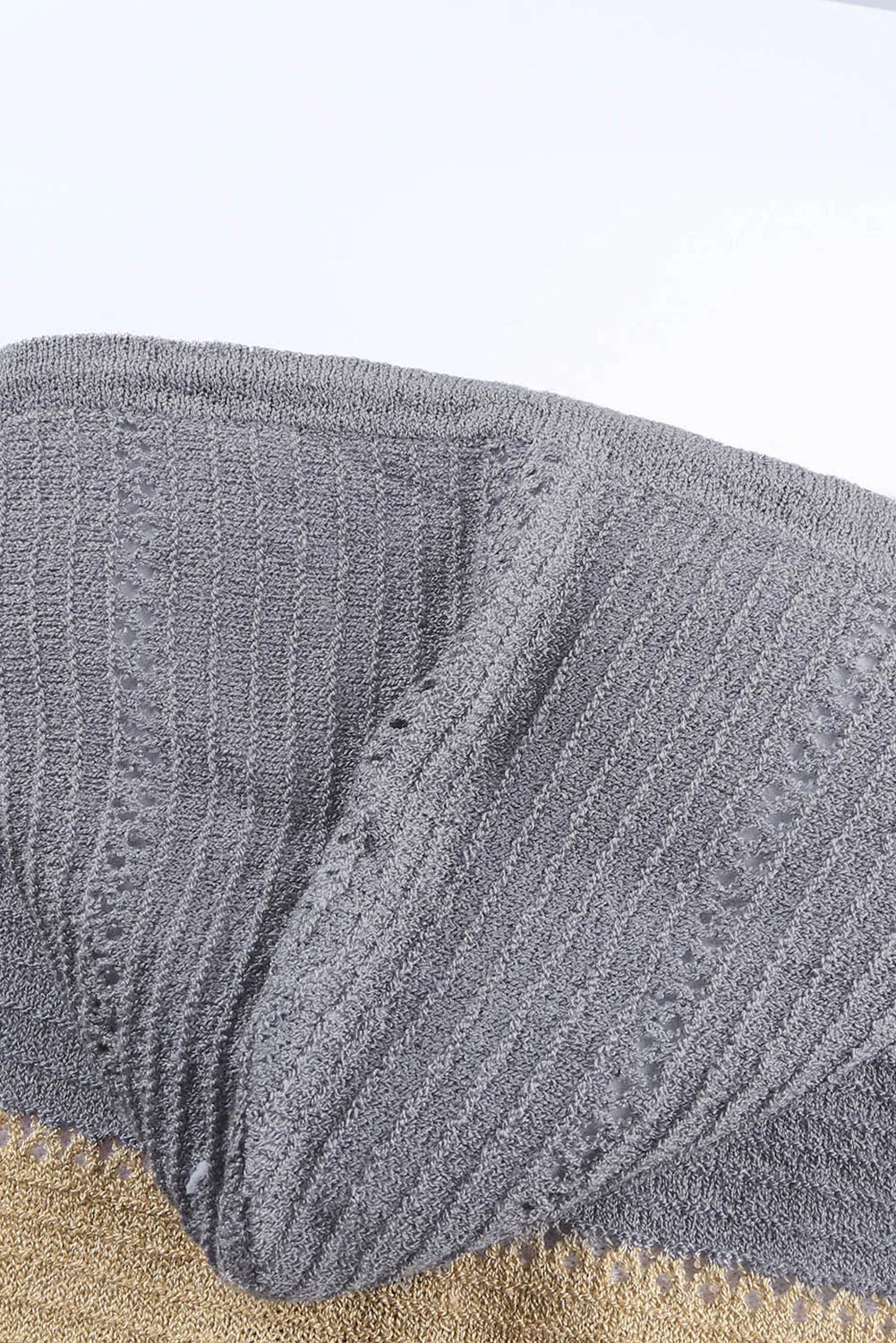 Womens Zipped Front Gray Colorblock Hollow-out Knit Hoodie