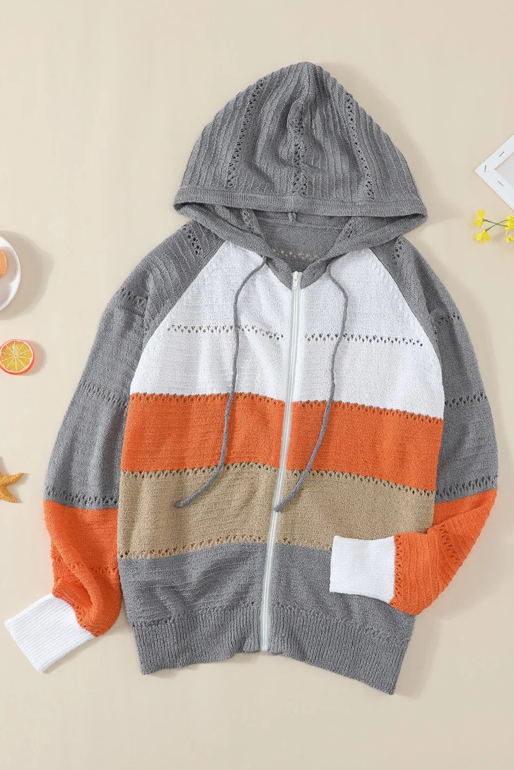 Womens Zipped Front Gray Colorblock Hollow-out Knit Hoodie