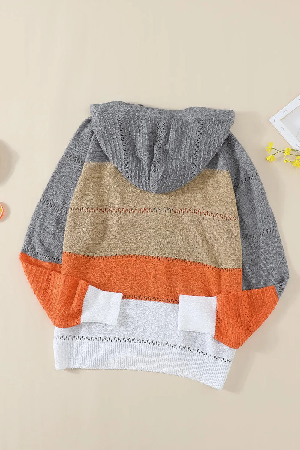 Womens Zipped Front Gray Colorblock Hollow-out Knit Hoodie