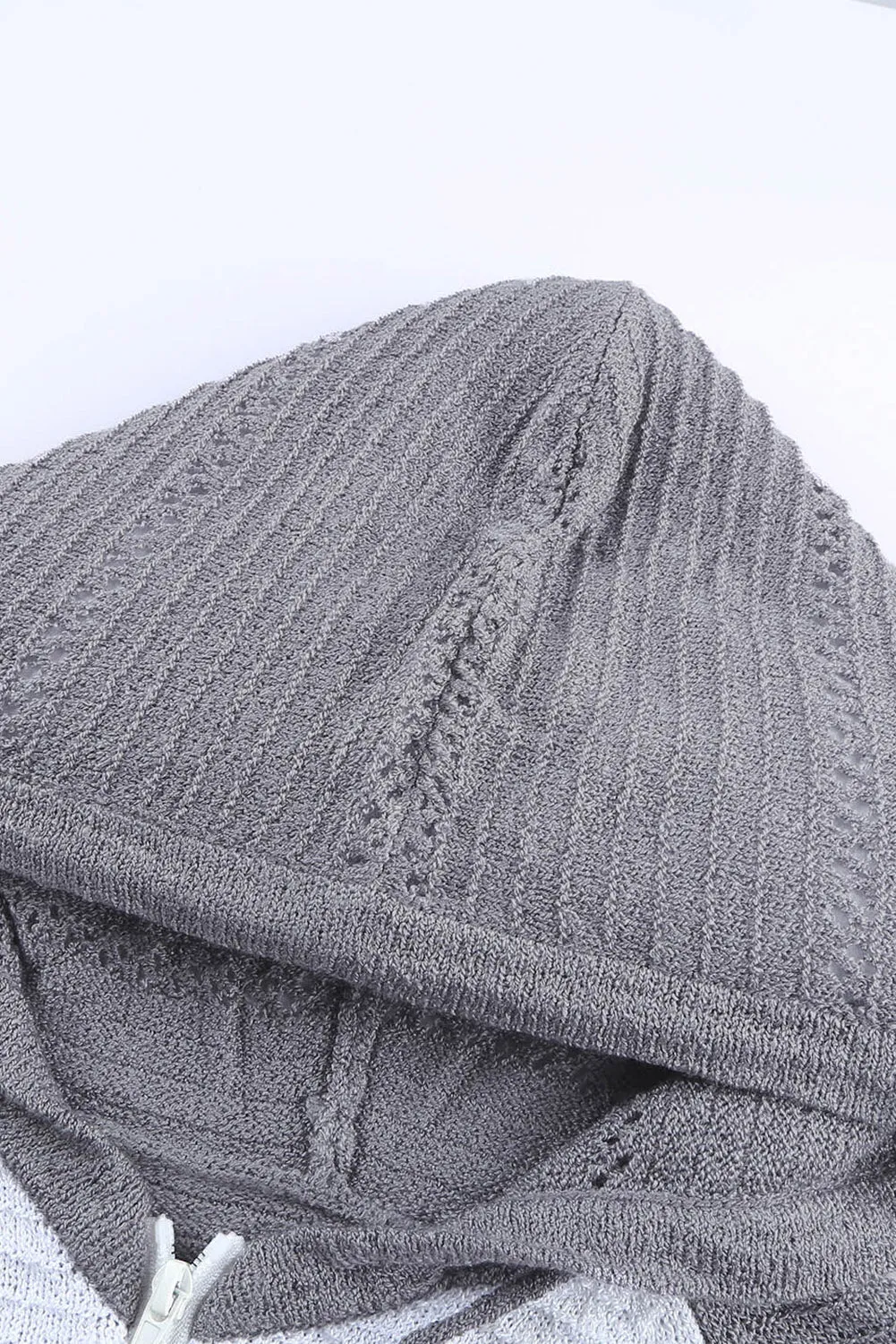 Womens Zipped Front Gray Colorblock Hollow-out Knit Hoodie